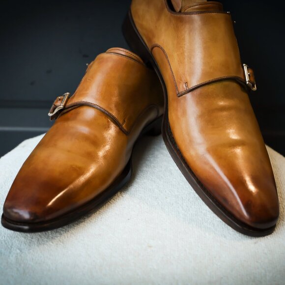 SALE - Magnanni 9-M Brown Double Monk Stap Burnished Mens Dress Shoes - Picture 1 of 13